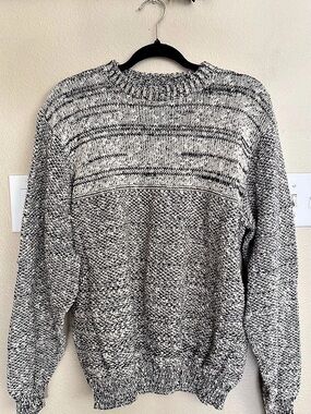 Vintage Neil Martin Men’s Large 100% Cotton Marled Knit Sweater Black Cream 90s